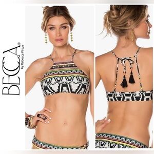 BECCA by Rebecca Virtue Primitive Journey High neck  swim top,tassled tie,size L